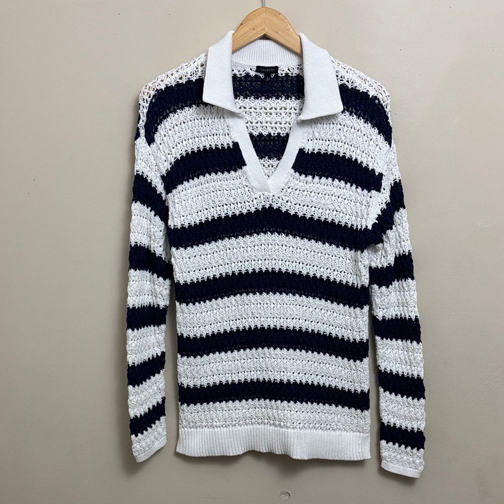 Talbots Women White Navy Striped Collared V-Neck Crochet Sweater size S Coastal